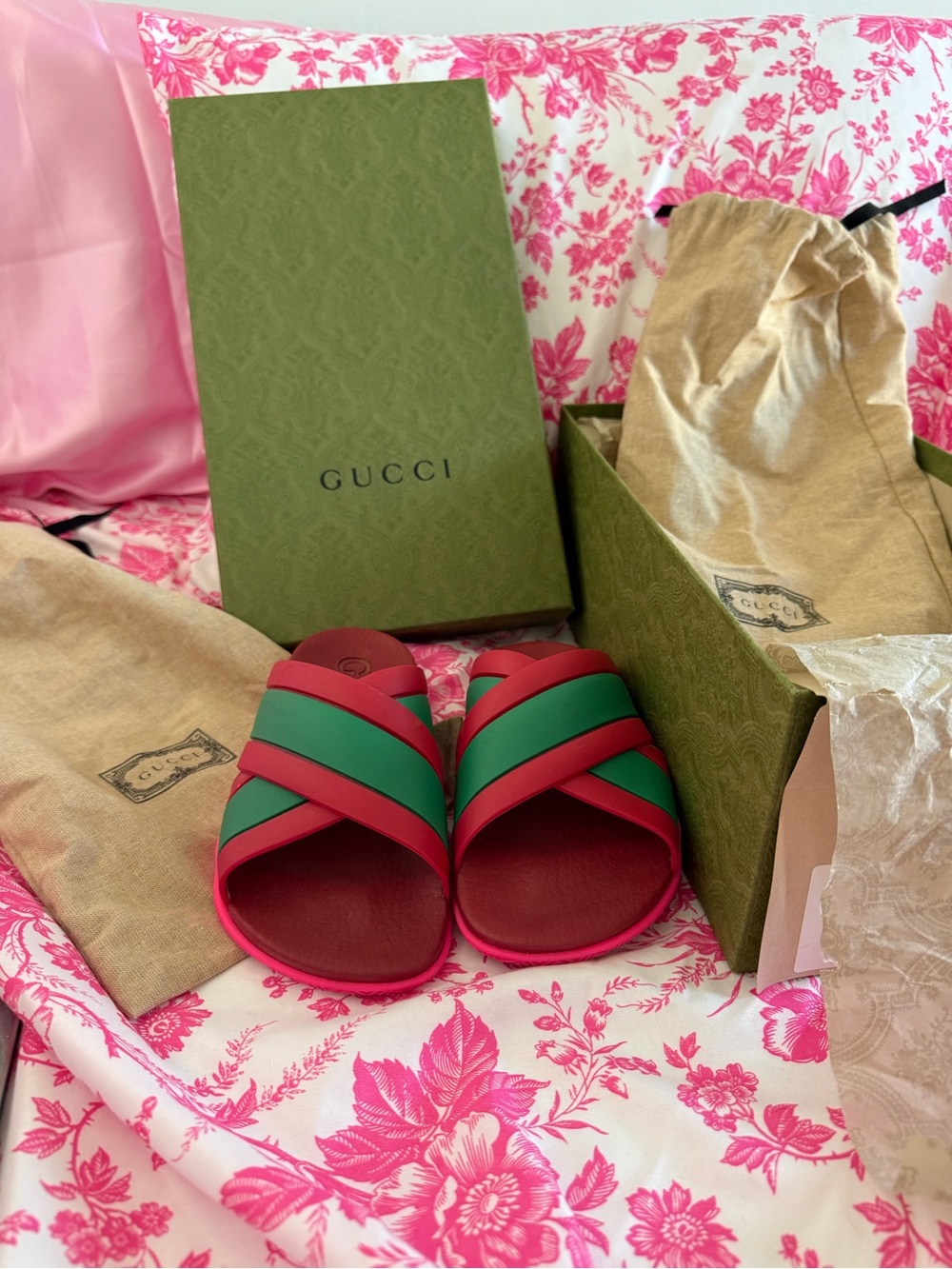 Gucci Hot Pink and Green Crisscross Slide Sandals